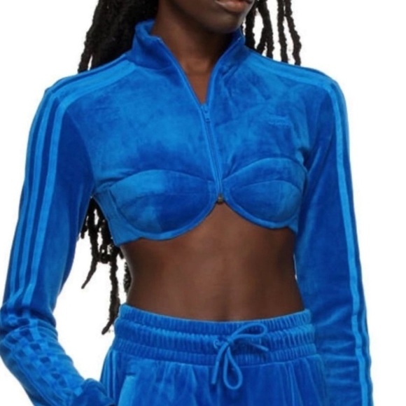 adidas Jackets & Blazers - Adidas Originals x Jeremy Scott Women's Track Jacket Cropped Velour Top Blue L